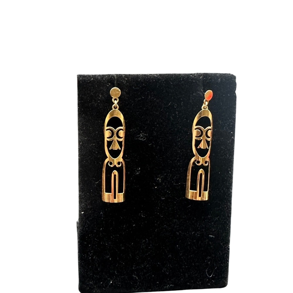 Vintage 18K Gold Tribal Mask Drop Earrings Modernist Cutout Dangle Tamtam 2.5g
